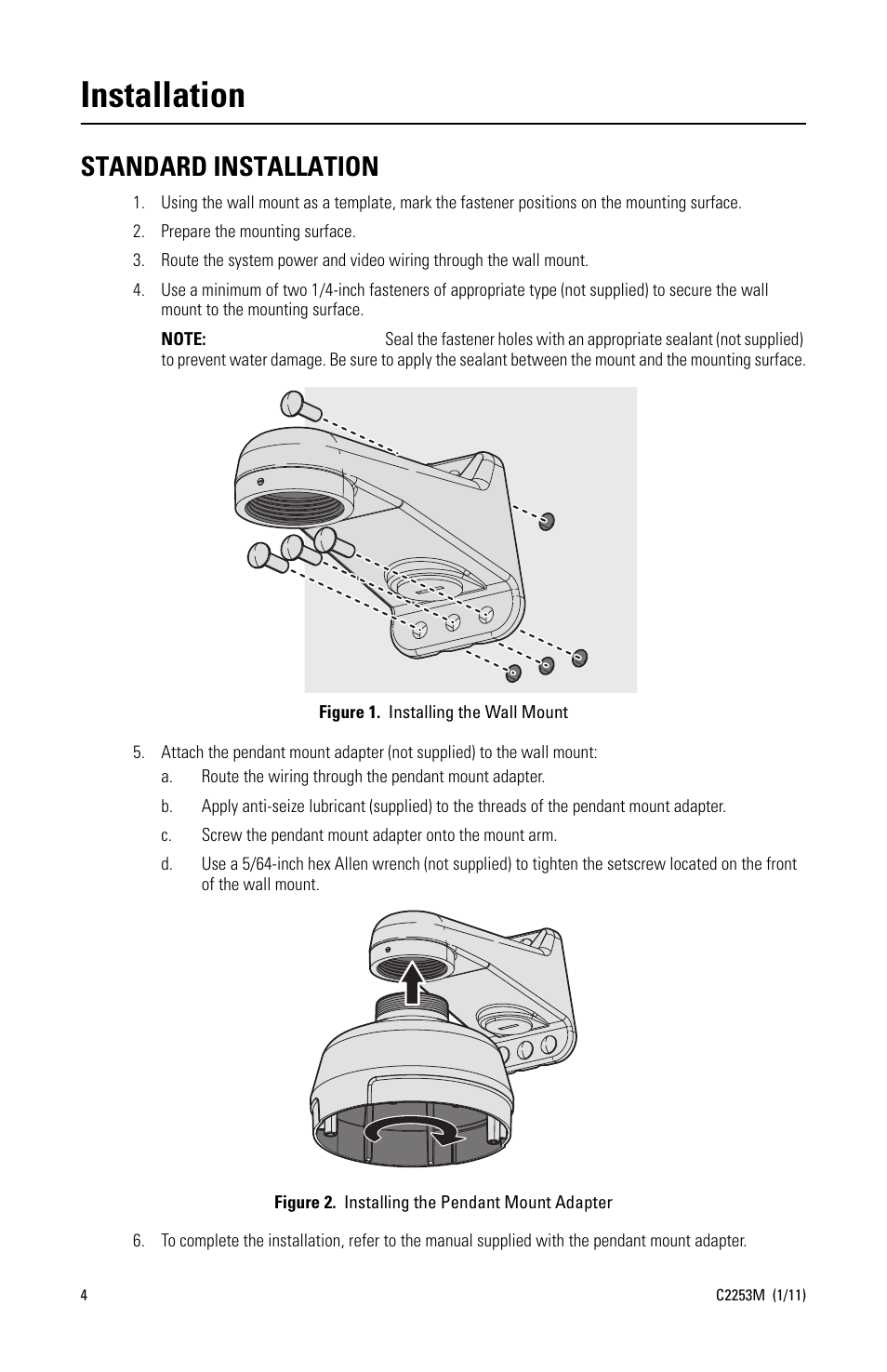 Installation, Standard installation | Pelco WMVE-SR Wall Mount User Manual | Page 4 / 8