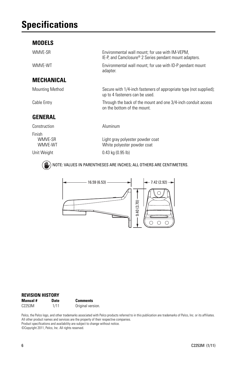 Specifications, Models, Mechanical | General | Pelco WMVE-SR Wall Mount User Manual | Page 6 / 8