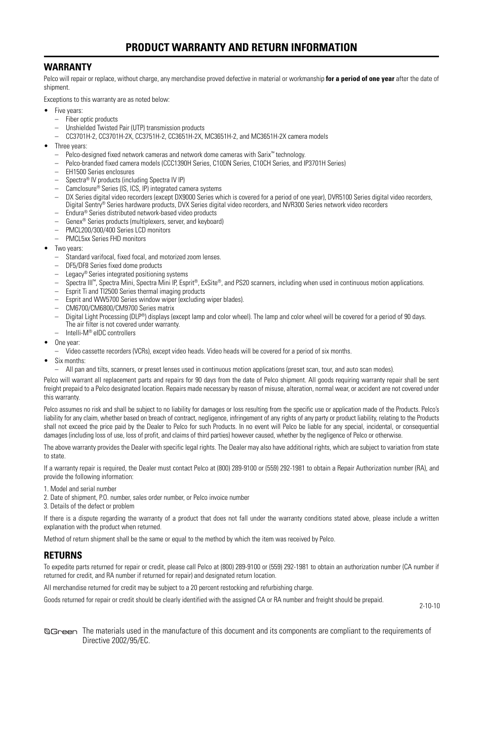 Product warranty and return information, Warranty, Returns | Pelco WMVE-SR Wall Mount User Manual | Page 7 / 8