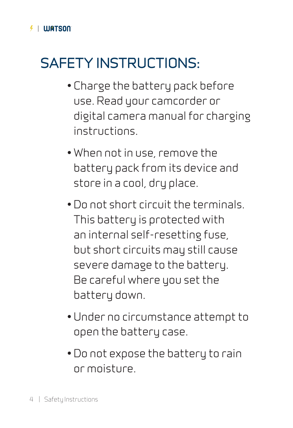 Safety instructions | Watson EN-EL15c Lithium-Ion Battery Pack (7V, 2250mAh) User Manual | Page 4 / 8