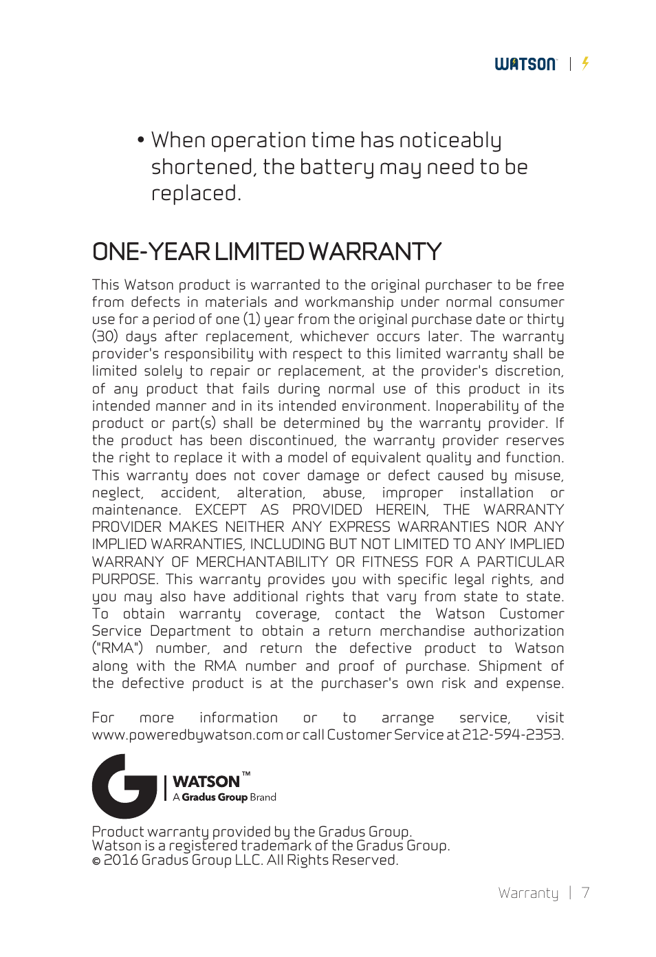 One-year limited warranty | Watson EN-EL15c Lithium-Ion Battery Pack (7V, 2250mAh) User Manual | Page 7 / 8