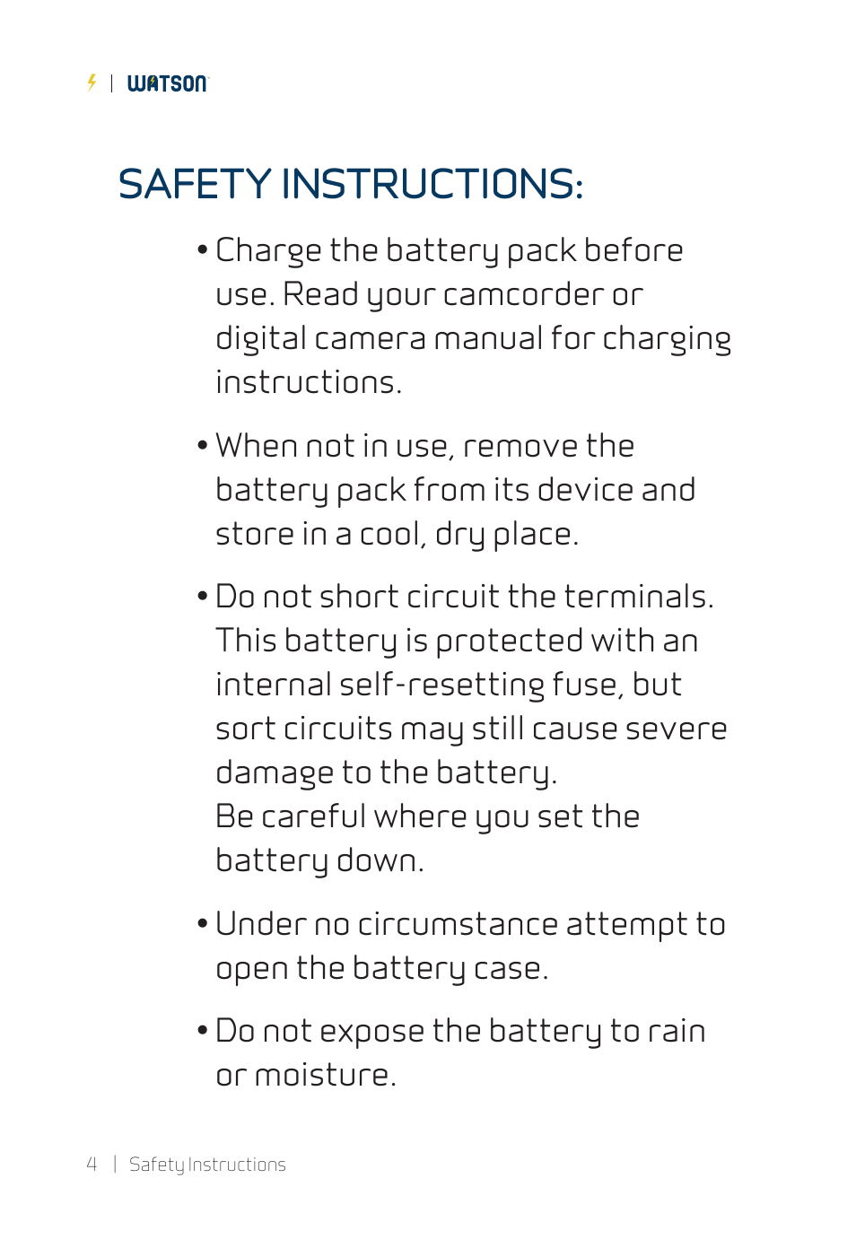 Safety instructions | Watson EN-4 Ni-MH Battery Pack (7.2V, 2000mAh) User Manual | Page 4 / 8
