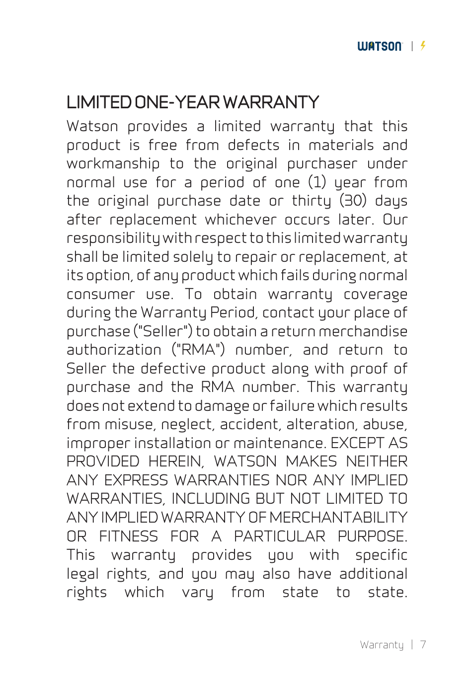 Limited one-year warranty | Watson EN-4 Ni-MH Battery Pack (7.2V, 2000mAh) User Manual | Page 7 / 8