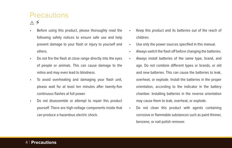 Precautions | Bolt VM-110 LED Macro Ring Light User Manual | Page 4 / 24