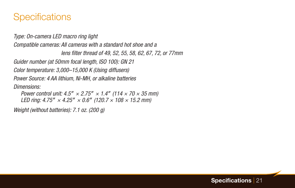Specifications | Bolt VM-160 LED Macro Ring Light User Manual | Page 21 / 24