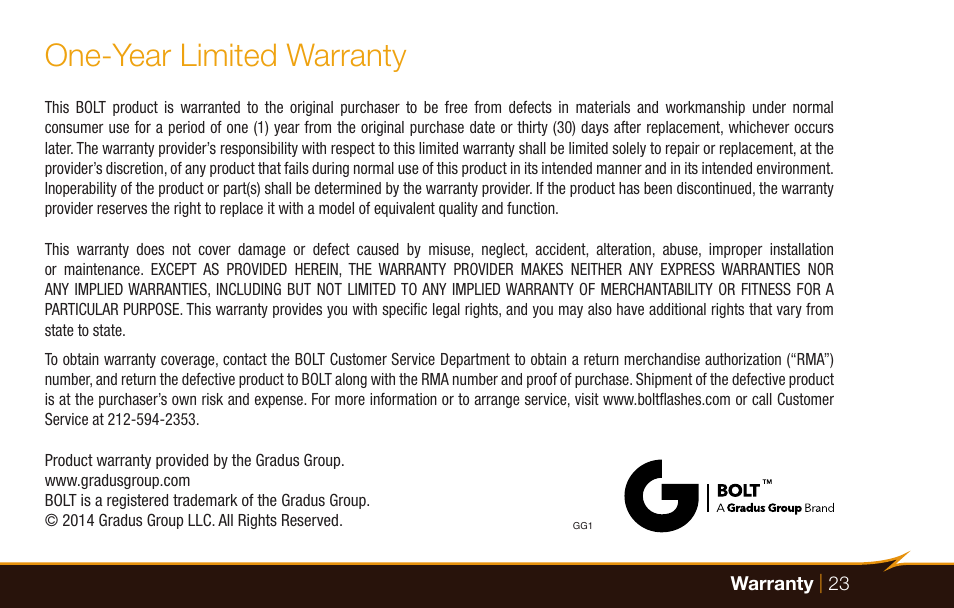 One-year limited warranty | Bolt VM-160 LED Macro Ring Light User Manual | Page 23 / 24