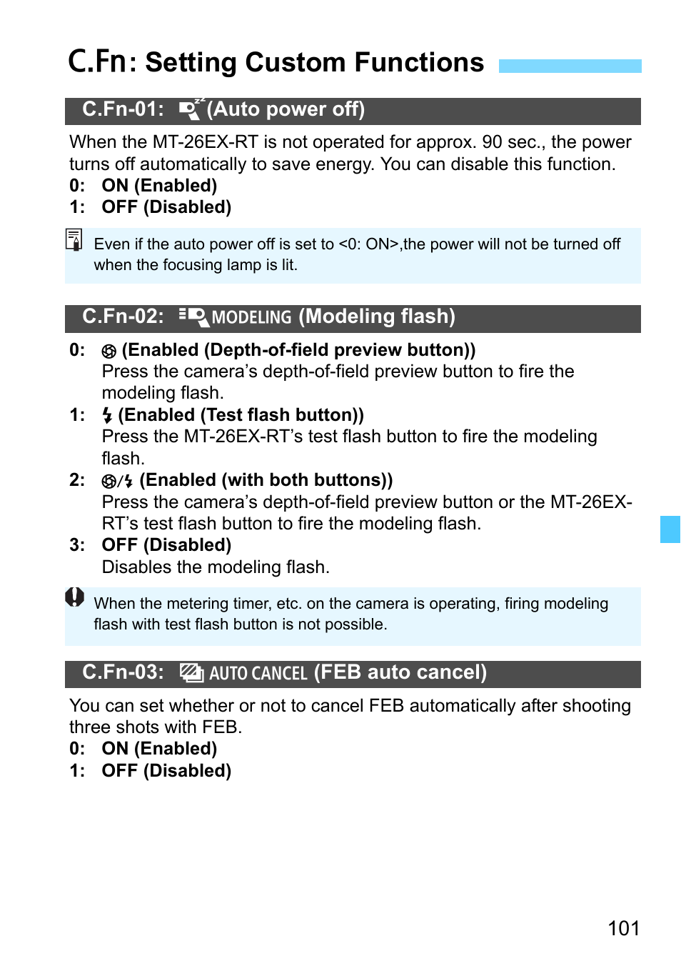 Setting custom functions, P.101, C: setting custom functions | Canon MT-26EX-RT Macro Twin Lite User Manual | Page 101 / 128