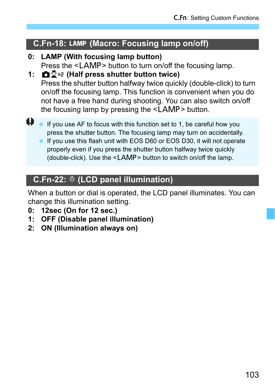 P.103, C.fn-18, Macro: focusing lamp on/off) | C.fn-22, Lcd panel illumination) | Canon MT-26EX-RT Macro Twin Lite User Manual | Page 103 / 128