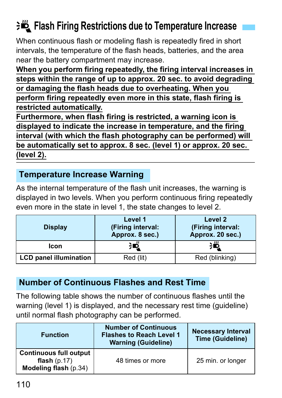 P.110, Temperature increase warning, Number of continuous flashes and rest time | Canon MT-26EX-RT Macro Twin Lite User Manual | Page 110 / 128