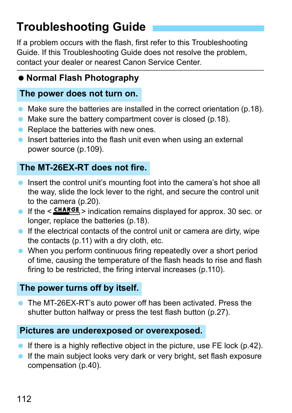 Troubleshooting guide | Canon MT-26EX-RT Macro Twin Lite User Manual | Page 112 / 128