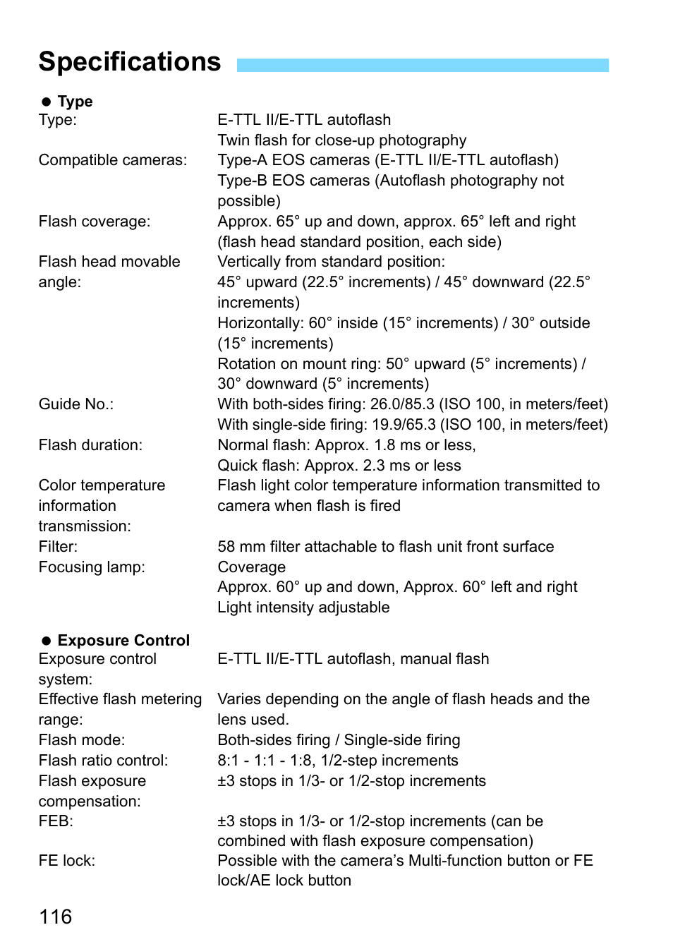 Specifications | Canon MT-26EX-RT Macro Twin Lite User Manual | Page 116 / 128