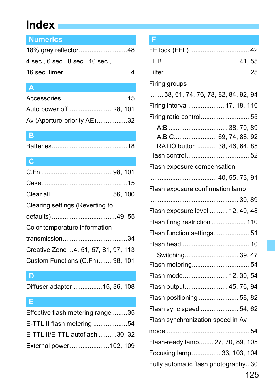 Index | Canon MT-26EX-RT Macro Twin Lite User Manual | Page 125 / 128