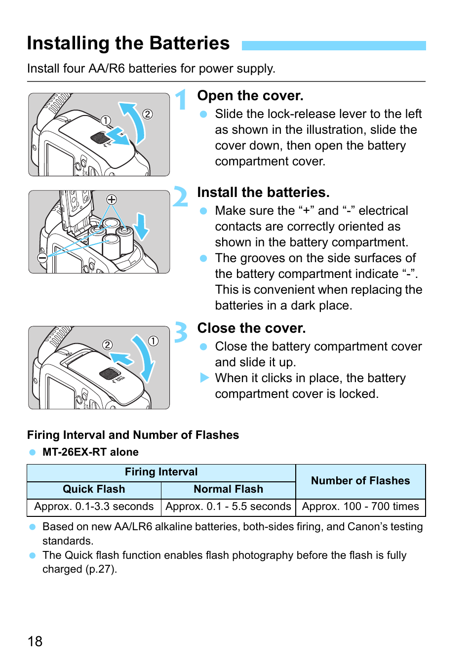 Installing the batteries, Ver (p.18), E lever (p.18) | Canon MT-26EX-RT Macro Twin Lite User Manual | Page 18 / 128