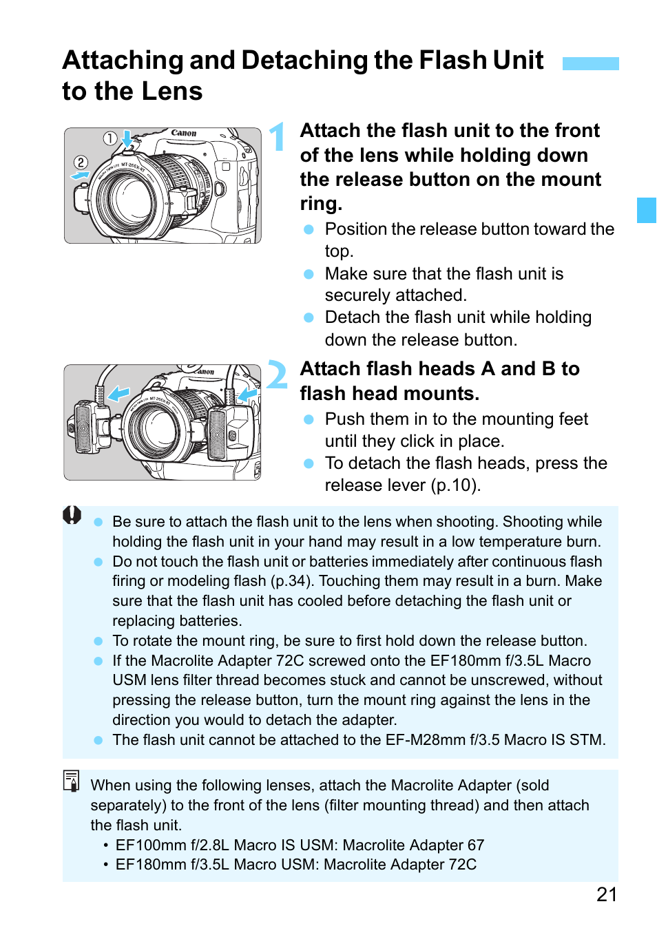 Attaching and detaching the flash unit to the lens, P.21, 22), P.21, 36) | P.21) | Canon MT-26EX-RT Macro Twin Lite User Manual | Page 21 / 128