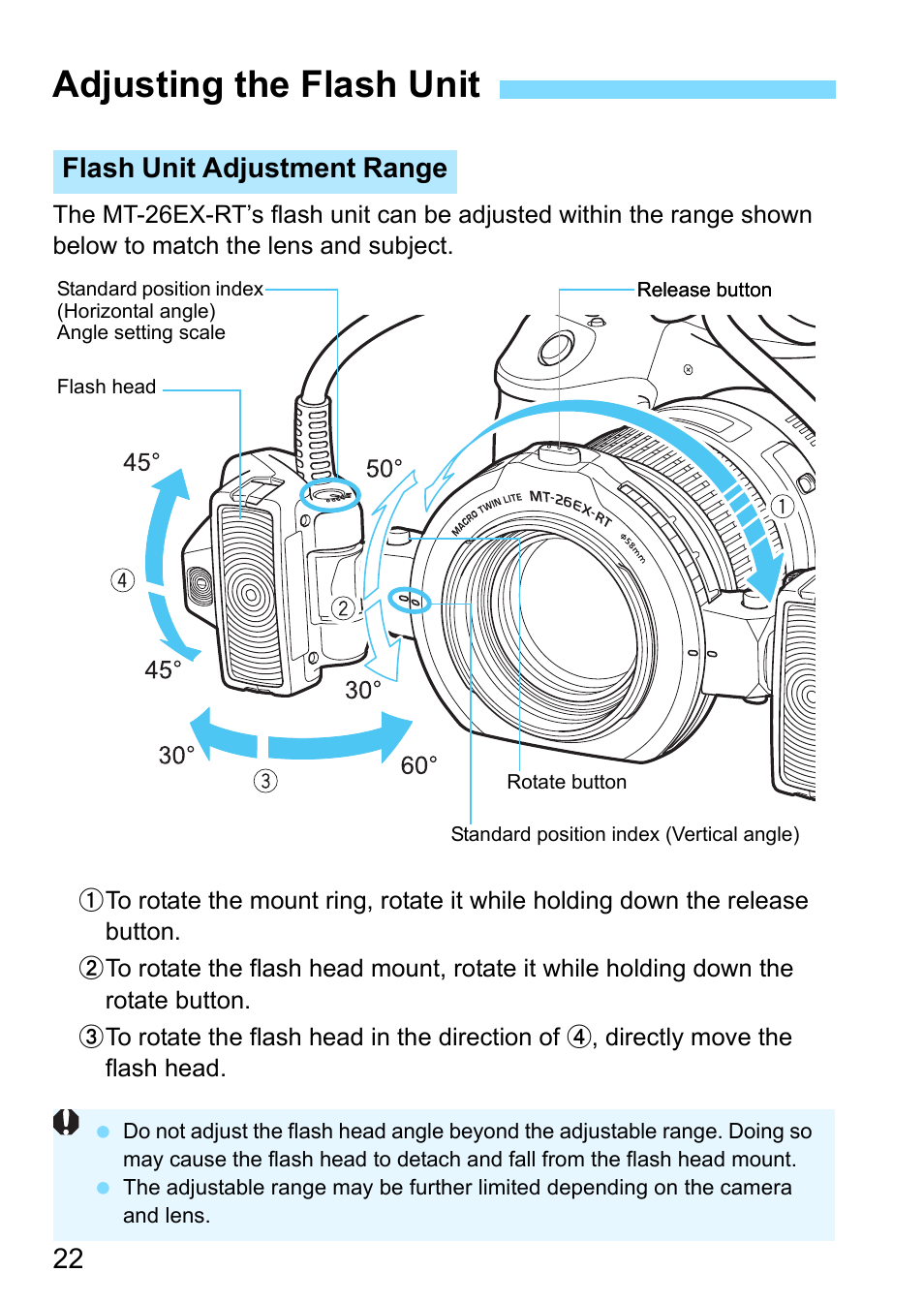 Adjusting the flash unit, Ertical angle) (p.22, P.22 | Flash unit adjustment range | Canon MT-26EX-RT Macro Twin Lite User Manual | Page 22 / 128