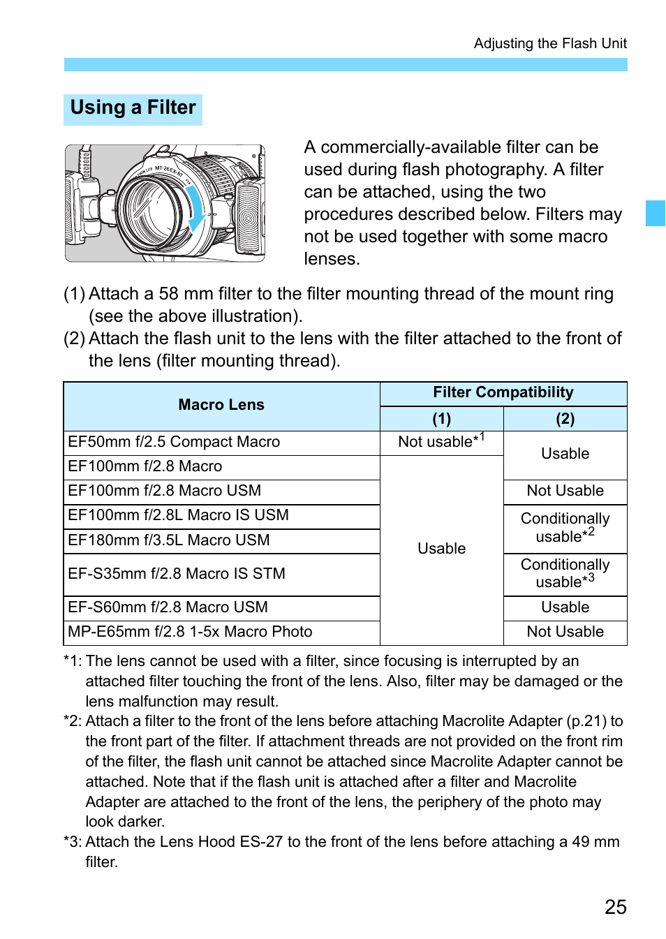 Ad (p.25), Using a filter | Canon MT-26EX-RT Macro Twin Lite User Manual | Page 25 / 128
