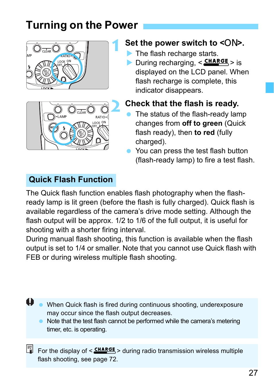 Turning on the power, Wer switch (p.27), Indicator (p.27 | Canon MT-26EX-RT Macro Twin Lite User Manual | Page 27 / 128