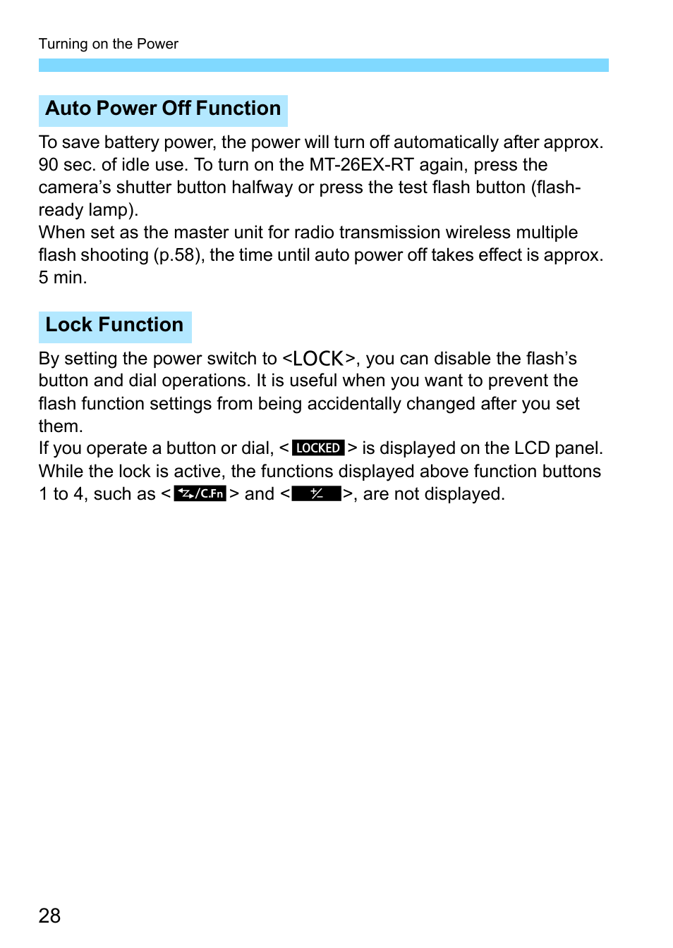 Auto power off function lock function | Canon MT-26EX-RT Macro Twin Lite User Manual | Page 28 / 128