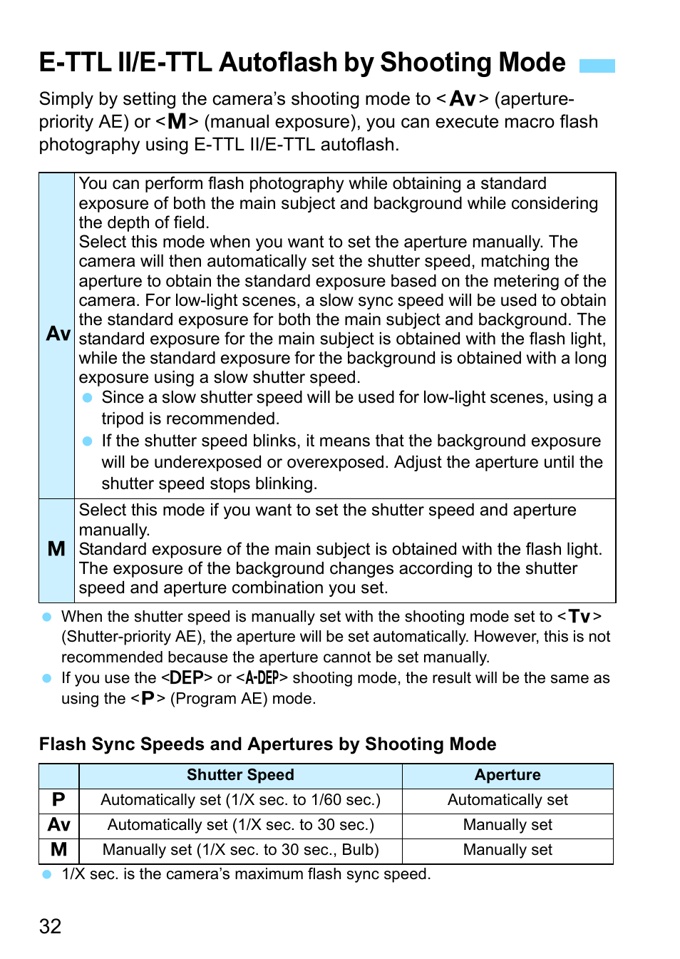 E-ttl ii/e-ttl autoflash by shooting mode | Canon MT-26EX-RT Macro Twin Lite User Manual | Page 32 / 128