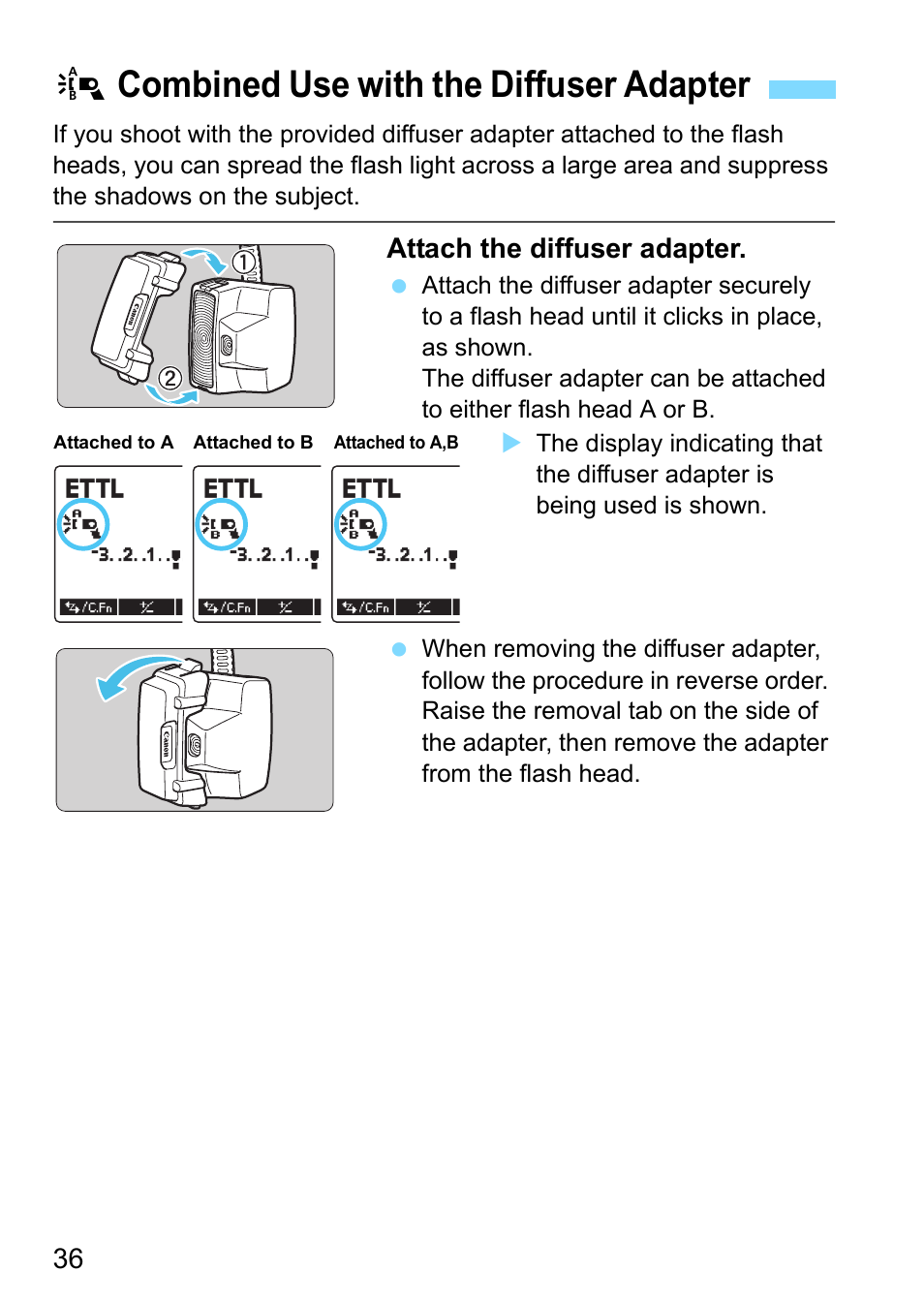 Combined use with the diffuser adapter, Mount (p.36), P.36) | Dcombined use with the diffuser adapter | Canon MT-26EX-RT Macro Twin Lite User Manual | Page 36 / 128