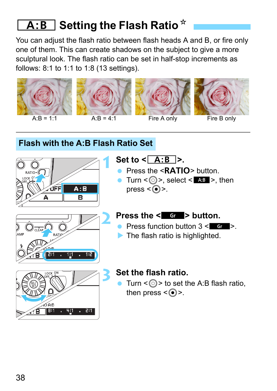 Setting the flash ratio, P.38, 45, 64, 69, P.38) | Lsetting the flash ratio n | Canon MT-26EX-RT Macro Twin Lite User Manual | Page 38 / 128