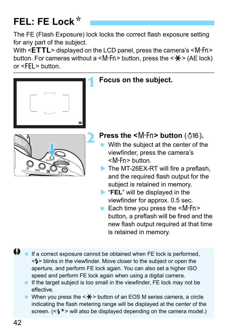 Fel: fe lock, Fe lock, P.42 | Fel: fe lock n | Canon MT-26EX-RT Macro Twin Lite User Manual | Page 42 / 128