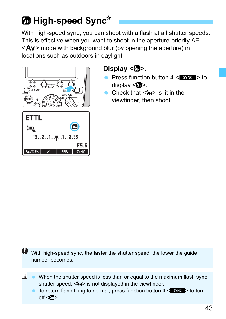 High-speed sync, P.43, H-speed sync (p.43, 55) | Chigh-speed sync n, Display < c | Canon MT-26EX-RT Macro Twin Lite User Manual | Page 43 / 128