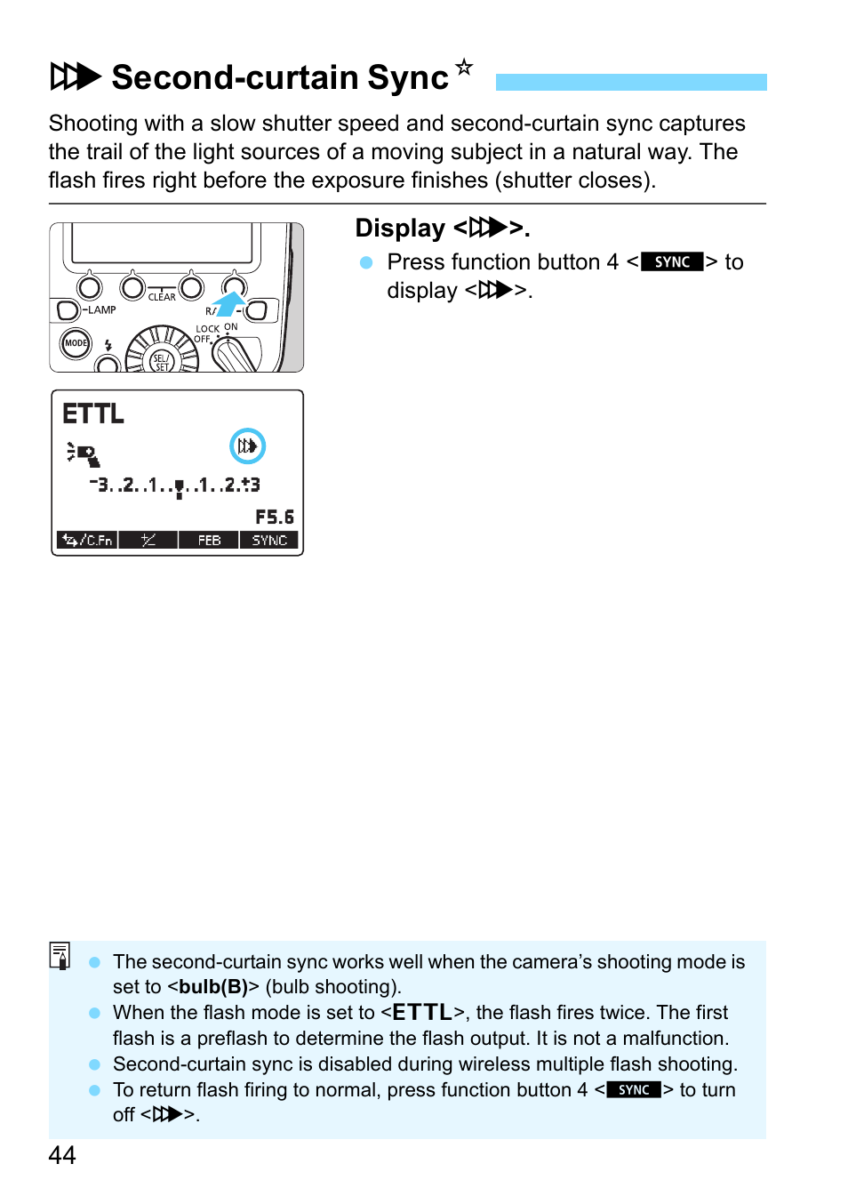 Second-curtain sync, P.44, Ain sync (p.44 | Rsecond-curtain sync n, Display < r | Canon MT-26EX-RT Macro Twin Lite User Manual | Page 44 / 128