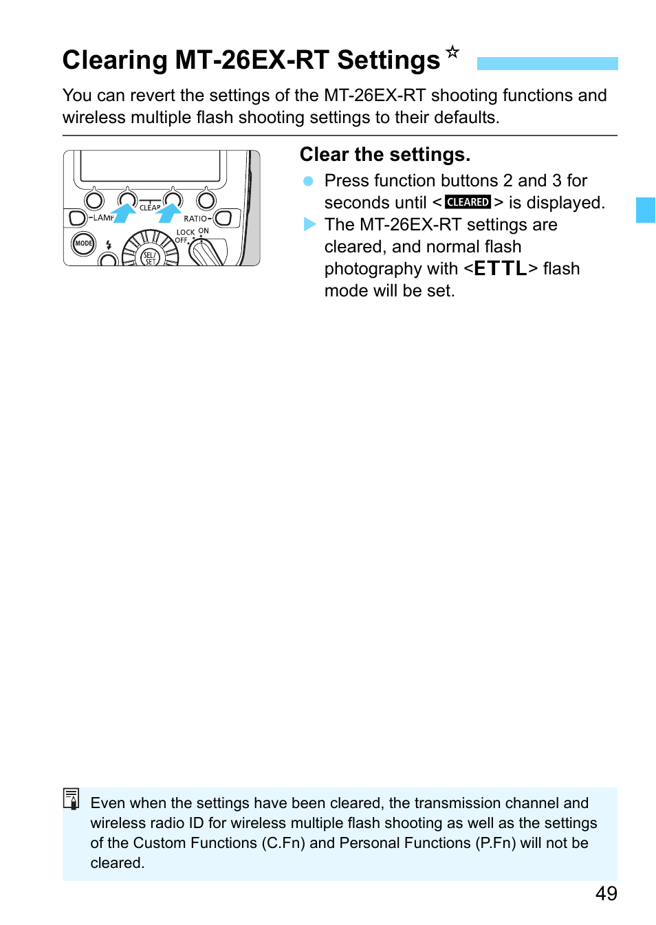 Clearing mt-26ex-rt settings, P.49, Clearing mt-26ex-rt settings n | Canon MT-26EX-RT Macro Twin Lite User Manual | Page 49 / 128