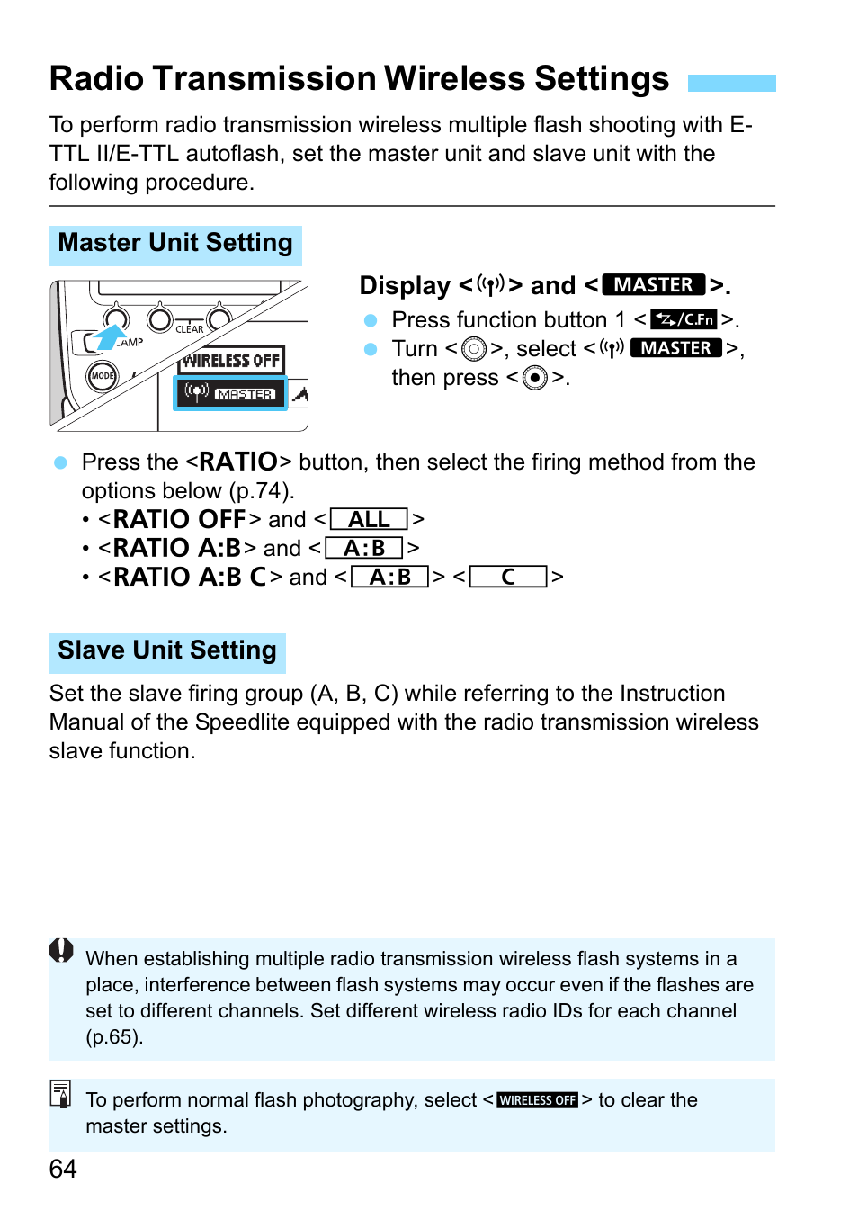 Radio transmission wireless settings | Canon MT-26EX-RT Macro Twin Lite User Manual | Page 64 / 128
