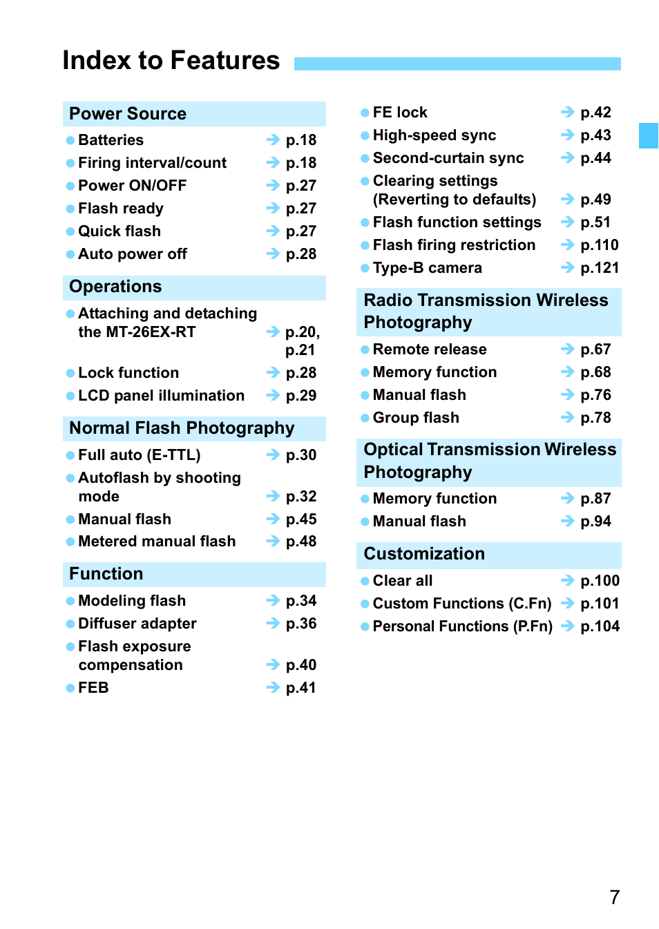 Index to features | Canon MT-26EX-RT Macro Twin Lite User Manual | Page 7 / 128
