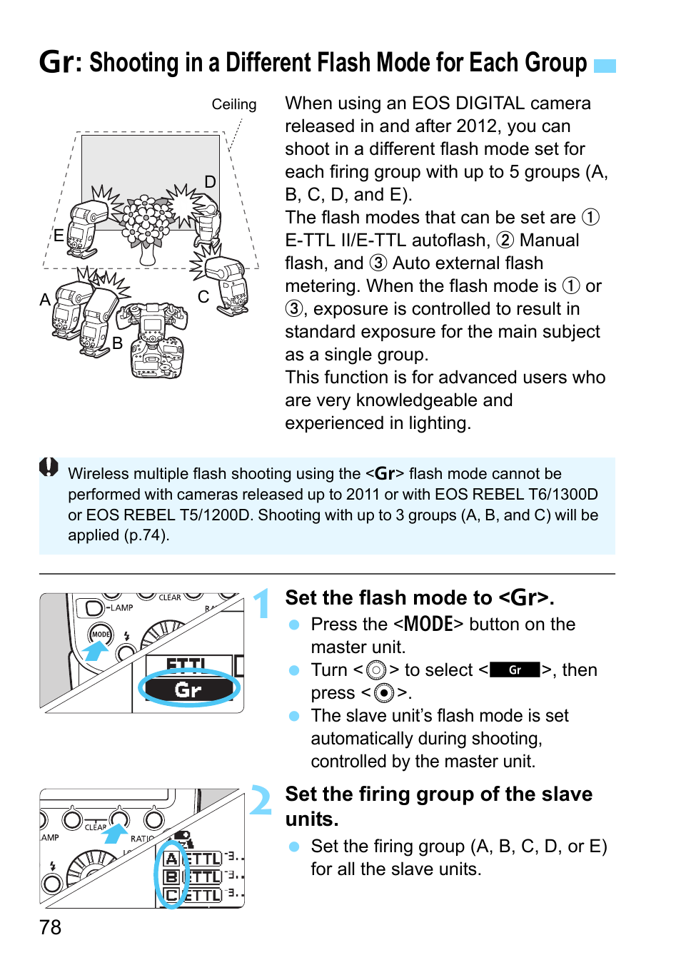 Shooting in a different flash mode for each group, P.78 | Canon MT-26EX-RT Macro Twin Lite User Manual | Page 78 / 128