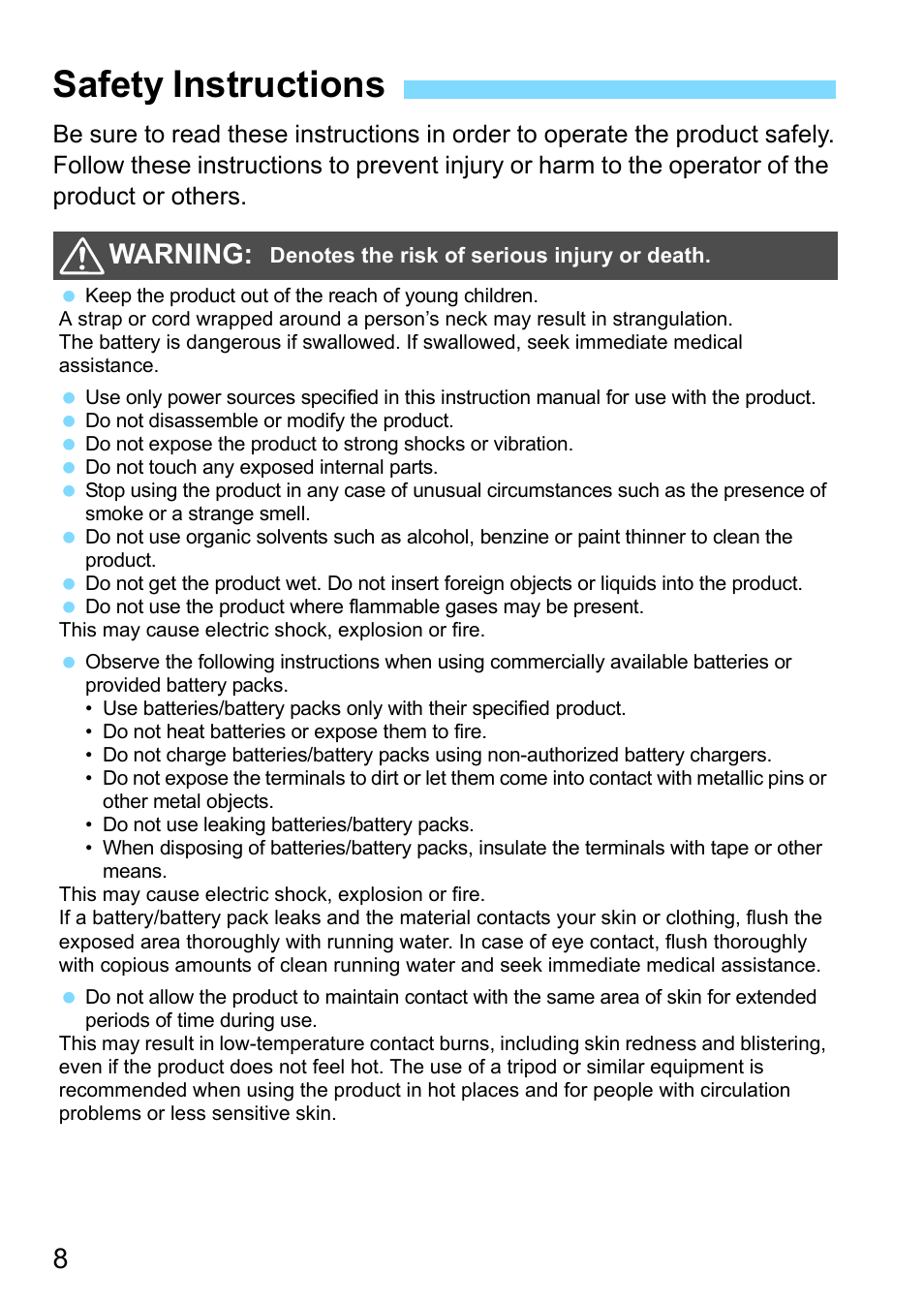 Safety instructions, Warning | Canon MT-26EX-RT Macro Twin Lite User Manual | Page 8 / 128