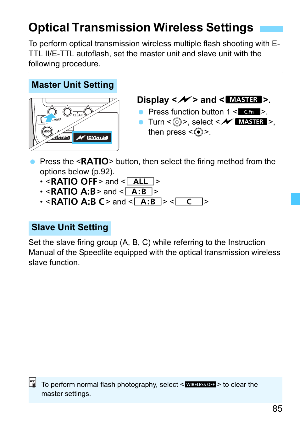 Optical transmission wireless settings | Canon MT-26EX-RT Macro Twin Lite User Manual | Page 85 / 128