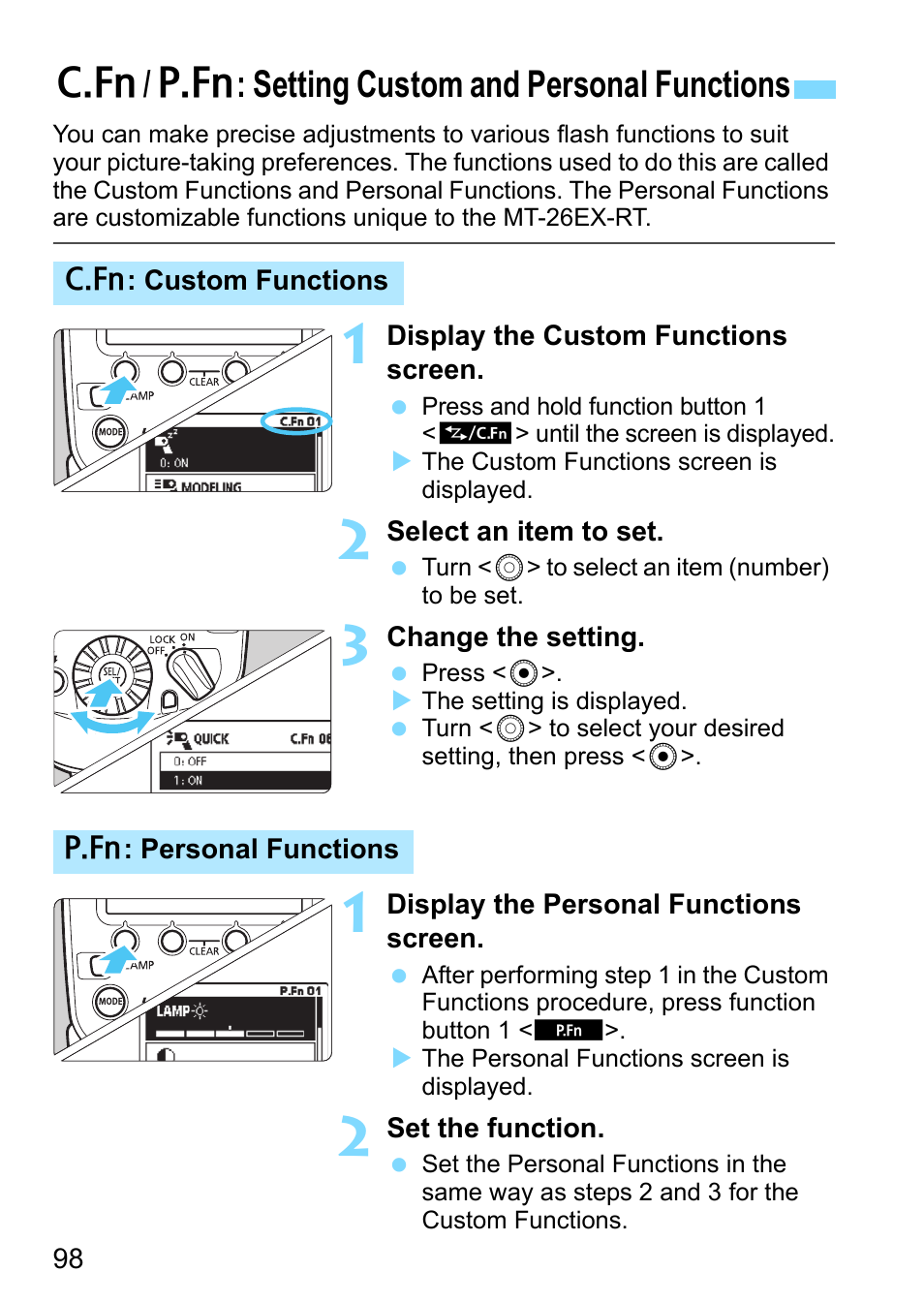 Setting custom and personal functions, S 98, C/ > : setting custom and personal functions | Canon MT-26EX-RT Macro Twin Lite User Manual | Page 98 / 128
