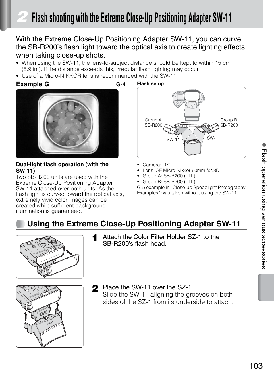 Adapter sw-11, S (p. 103), Zf lash ope ration using various accessories | Example g | Nikon 4804 R1 Wireless Close-Up Speedlight System User Manual | Page 103 / 134