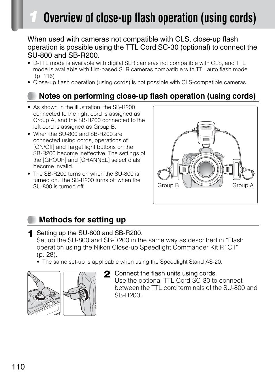 Overview of close-up flash operation (using cords), P. 110), P. 110 | Methods for setting up | Nikon 4804 R1 Wireless Close-Up Speedlight System User Manual | Page 110 / 134