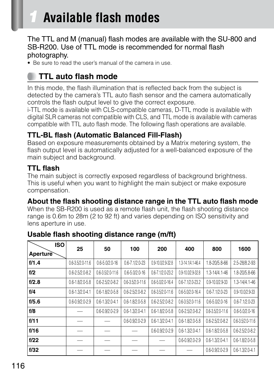 Ht (p. 116), Available flash modes, Ttl auto flash mode | Ttl-bl flash (automatic balanced fill-flash), Ttl flash, Usable flash shooting distance range (m/ft) | Nikon 4804 R1 Wireless Close-Up Speedlight System User Manual | Page 116 / 134