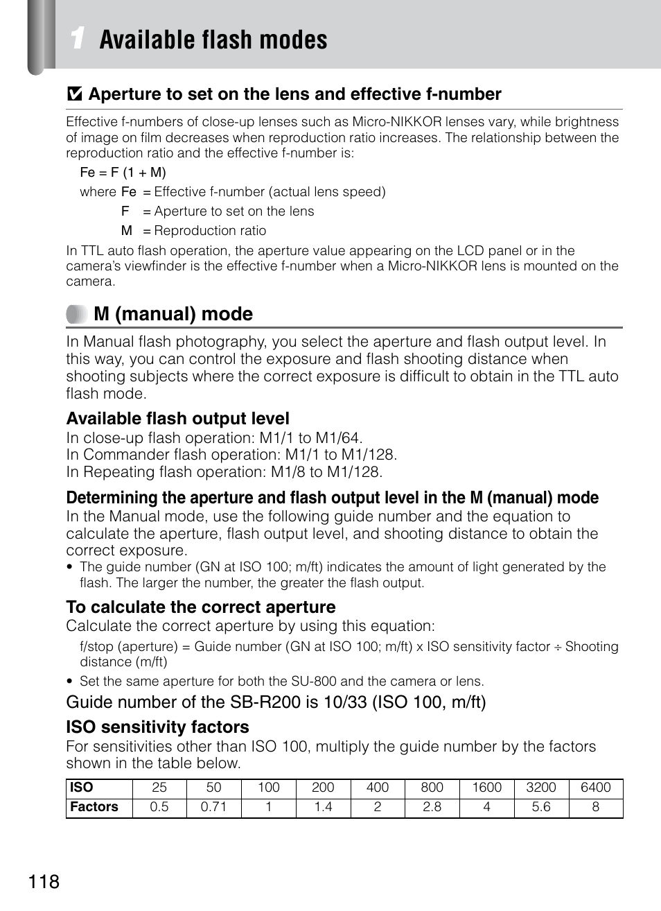 Available flash modes, M (manual) mode, Available flash output level | Nikon 4804 R1 Wireless Close-Up Speedlight System User Manual | Page 118 / 134