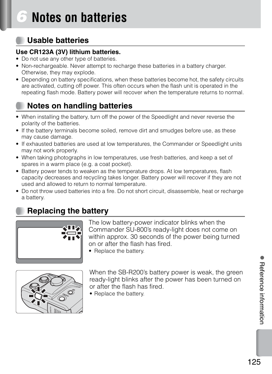 Notes on batteries, Usable batteries, Replacing the battery | Nikon 4804 R1 Wireless Close-Up Speedlight System User Manual | Page 125 / 134