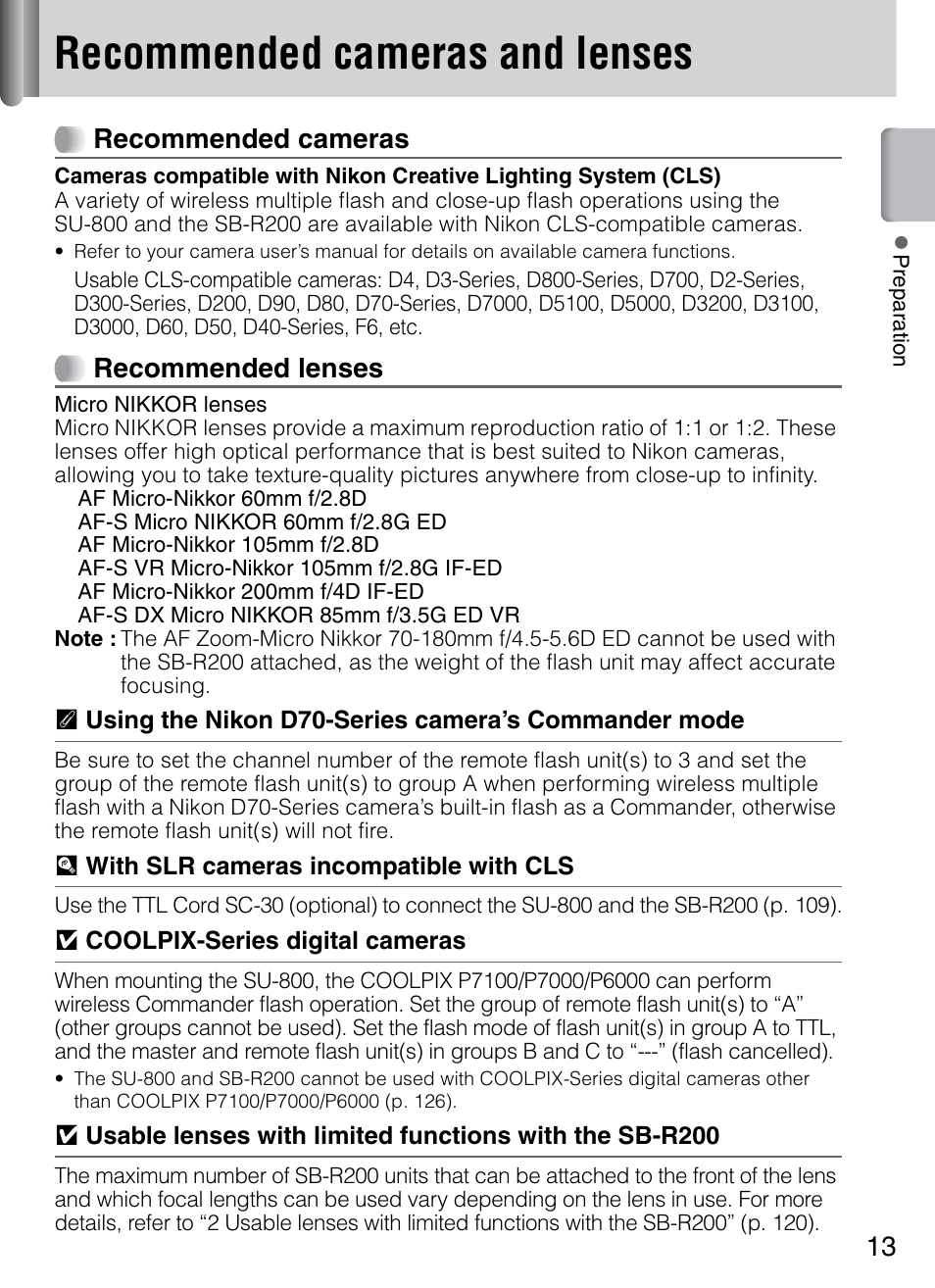 Recommended cameras and lenses, Recommended cameras, Recommended lenses | Nikon 4804 R1 Wireless Close-Up Speedlight System User Manual | Page 13 / 134