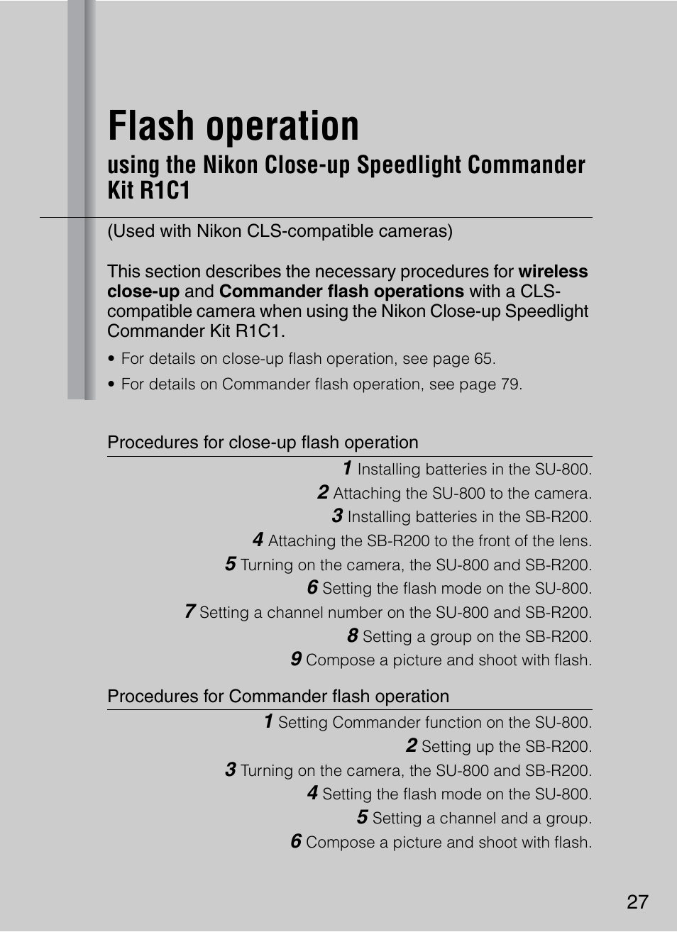 Used with nikon cls-compatible cameras), Flash operation | Nikon 4804 R1 Wireless Close-Up Speedlight System User Manual | Page 27 / 134
