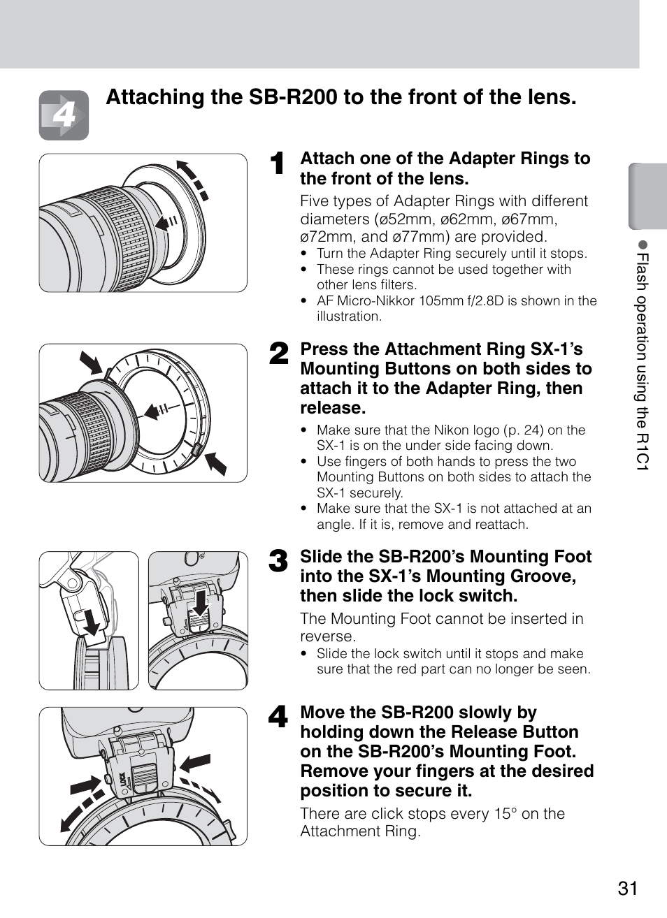 P. 31), Attaching the sb-r200 to the front of the lens | Nikon 4804 R1 Wireless Close-Up Speedlight System User Manual | Page 31 / 134