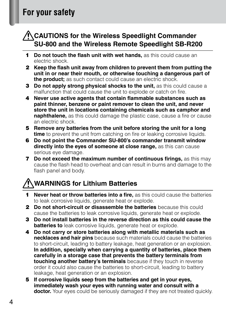 For your safety, Warnings for lithium batteries | Nikon 4804 R1 Wireless Close-Up Speedlight System User Manual | Page 4 / 134