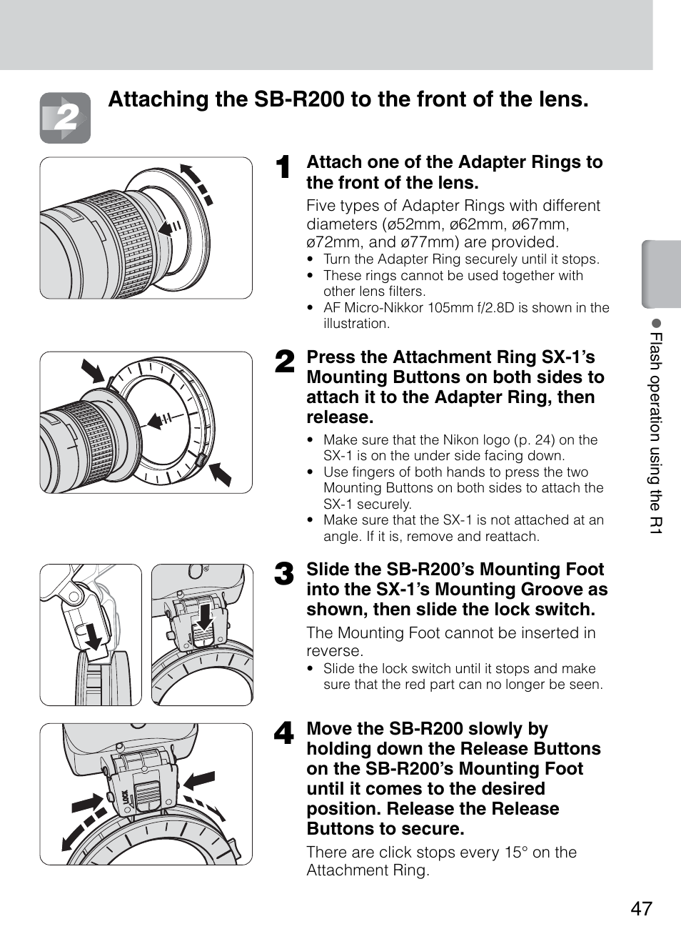 Attaching the sb-r200 to the front of the lens | Nikon 4804 R1 Wireless Close-Up Speedlight System User Manual | Page 47 / 134