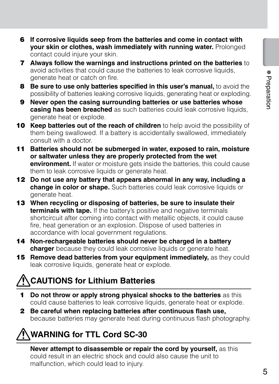 Cautions for lithium batteries, Warning for ttl cord sc-30 | Nikon 4804 R1 Wireless Close-Up Speedlight System User Manual | Page 5 / 134