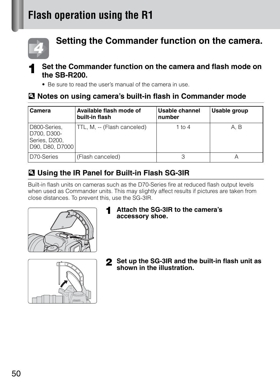 P. 50), Flash operation using the r1, Setting the commander function on the camera | Nikon 4804 R1 Wireless Close-Up Speedlight System User Manual | Page 50 / 134