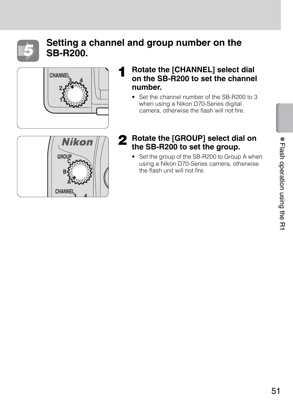 Setting a channel and group number on the sb-r200 | Nikon 4804 R1 Wireless Close-Up Speedlight System User Manual | Page 51 / 134