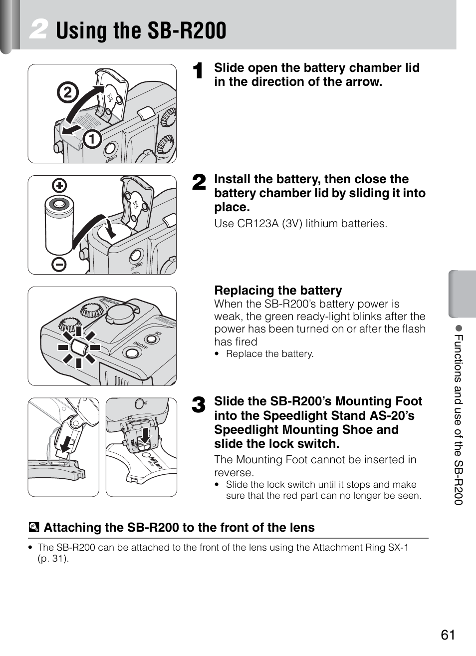 Using the sb-r200, Using the sb-r200 1, Replacing the battery | Uattaching the sb-r200 to the front of the lens | Nikon 4804 R1 Wireless Close-Up Speedlight System User Manual | Page 61 / 134