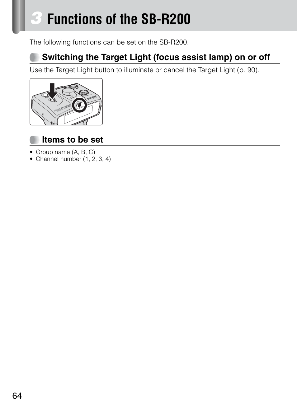 Functions of the sb-r200, Items to be set | Nikon 4804 R1 Wireless Close-Up Speedlight System User Manual | Page 64 / 134